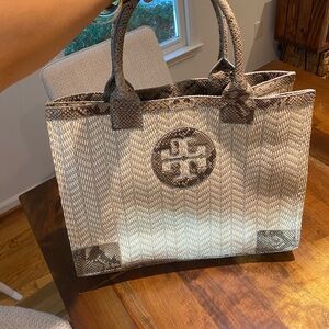 Tory Burch Ella Tote - snake, raffia, leather trim